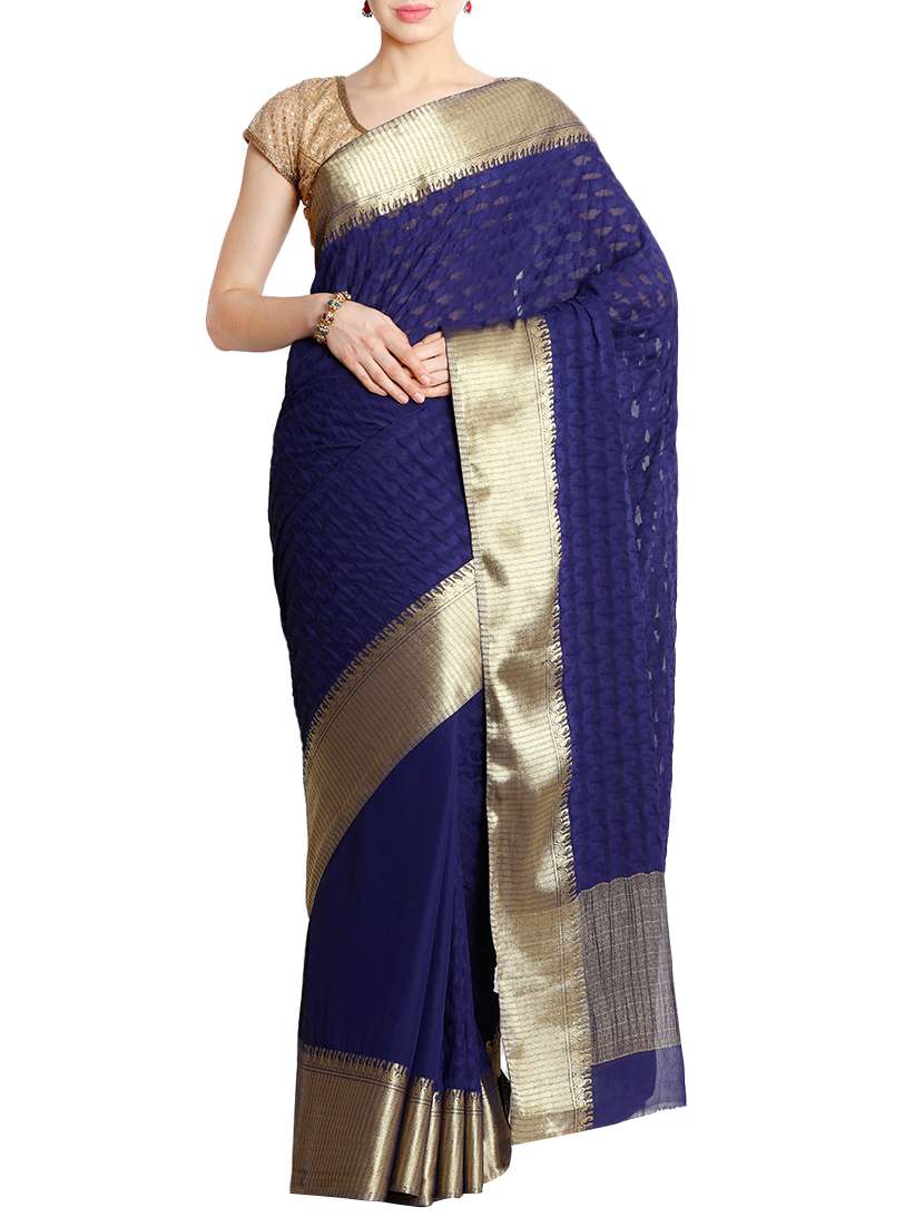 blue georgette bordered saree with blouse