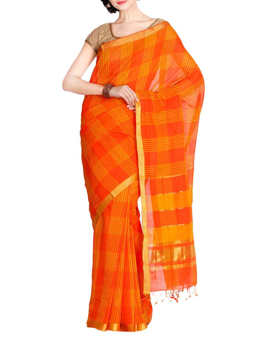 the chennai silks orange jacquard saree with blouse