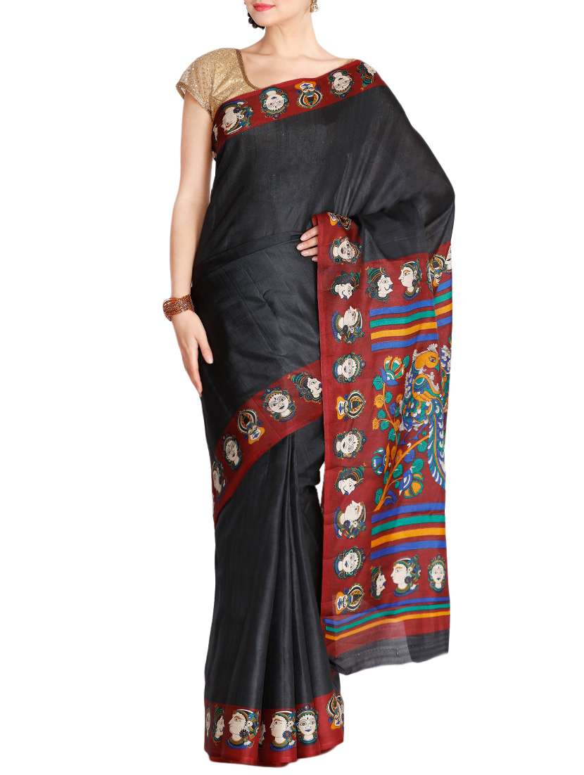 the chennai silks black dupion silk printed saree with blouse