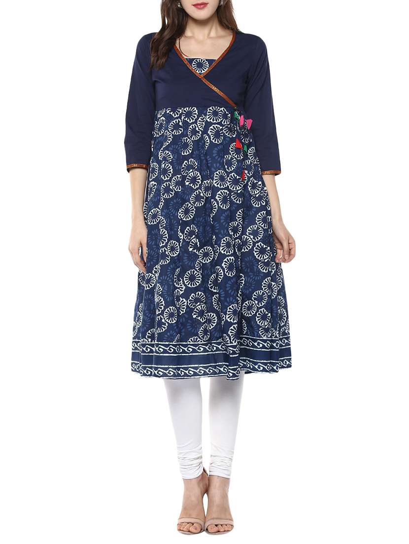 blue cotton printed angrakha kurta