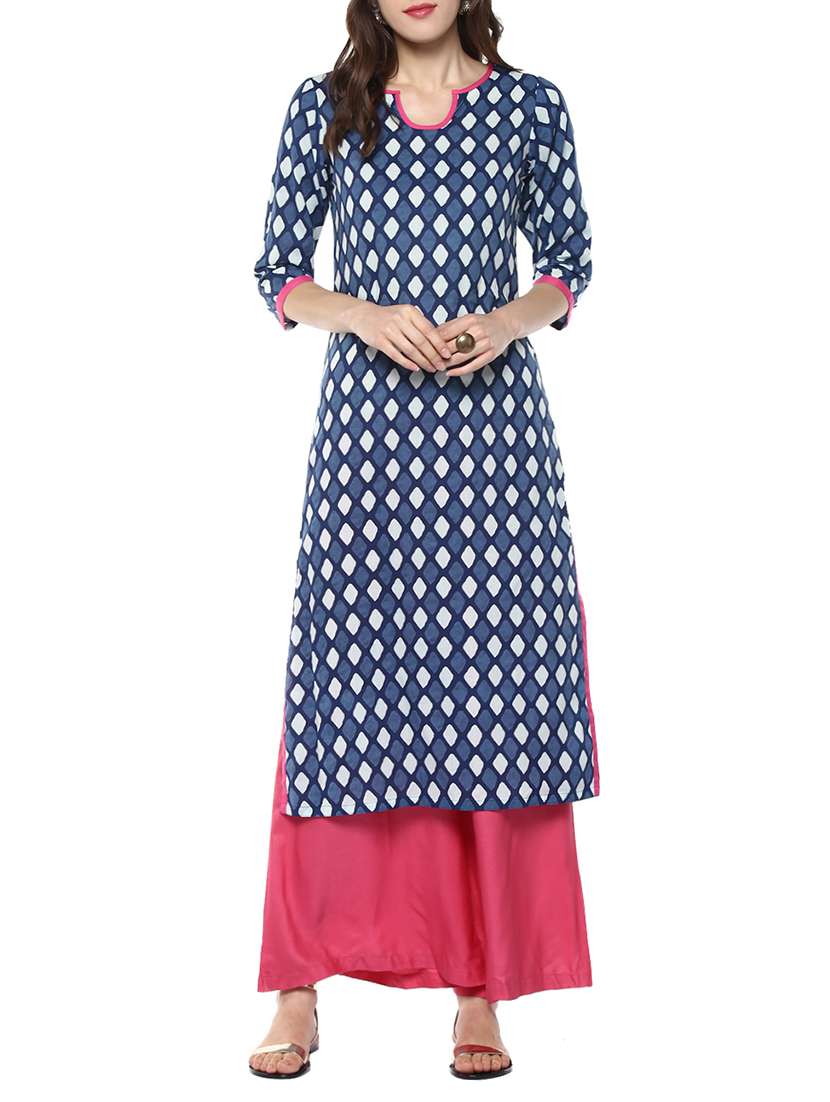 indigo diamond print cotton straight kurta
