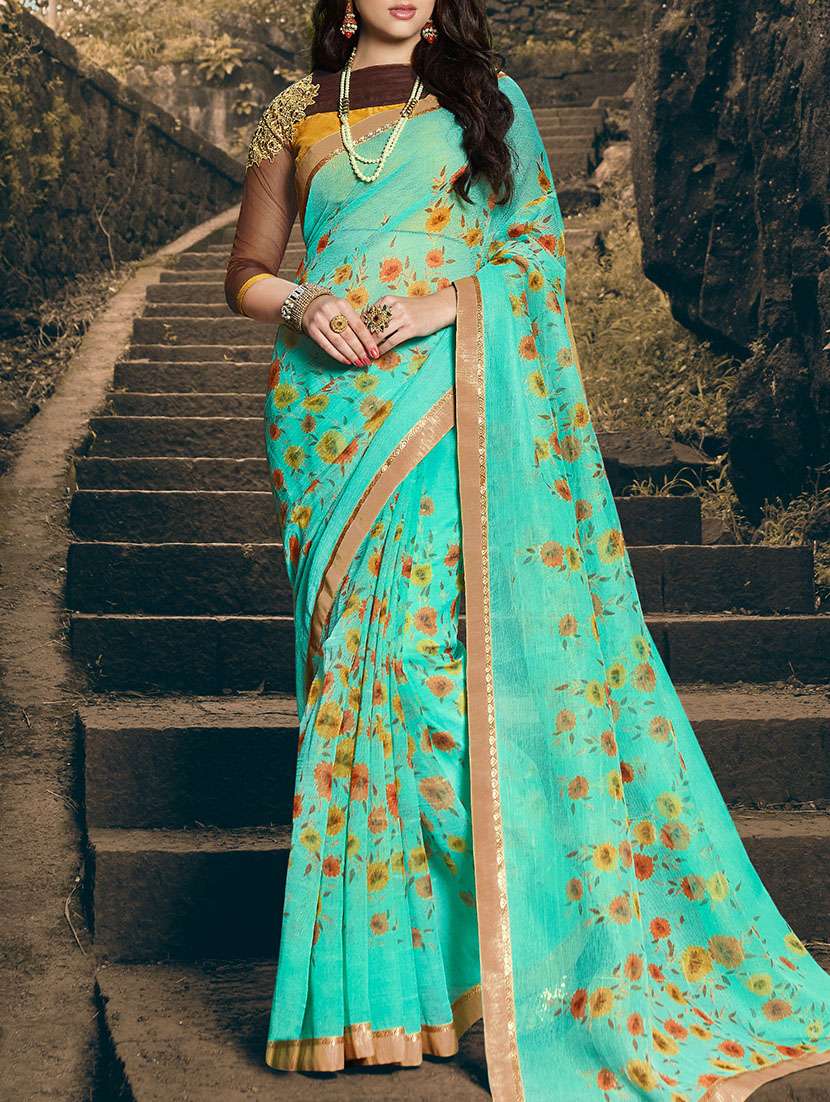 women's floral turquoise colored saree