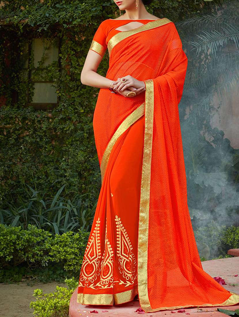 orange net & georgette embroidered half & half saree with blouse