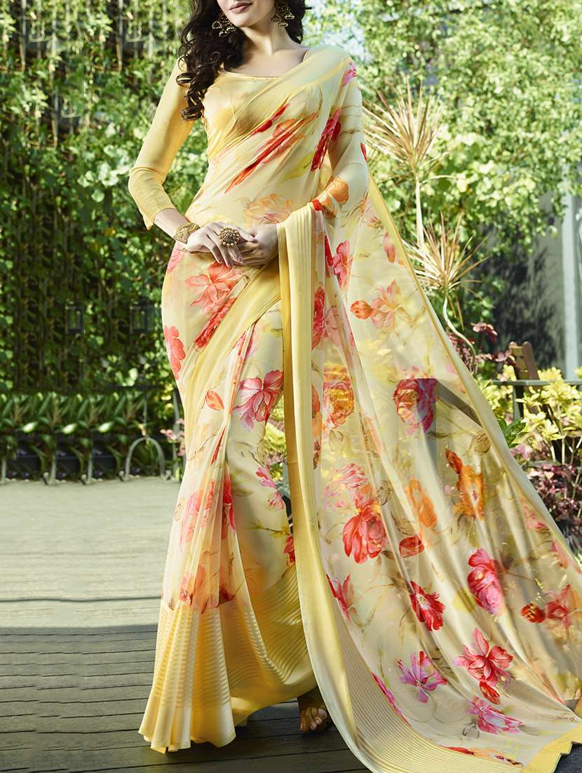yellow georgette printed saree