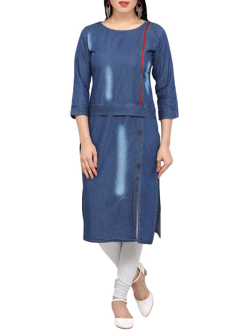 blue denim solid straight kurta