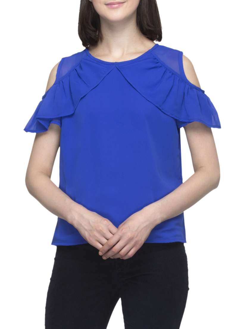 blue polyester ruffle top