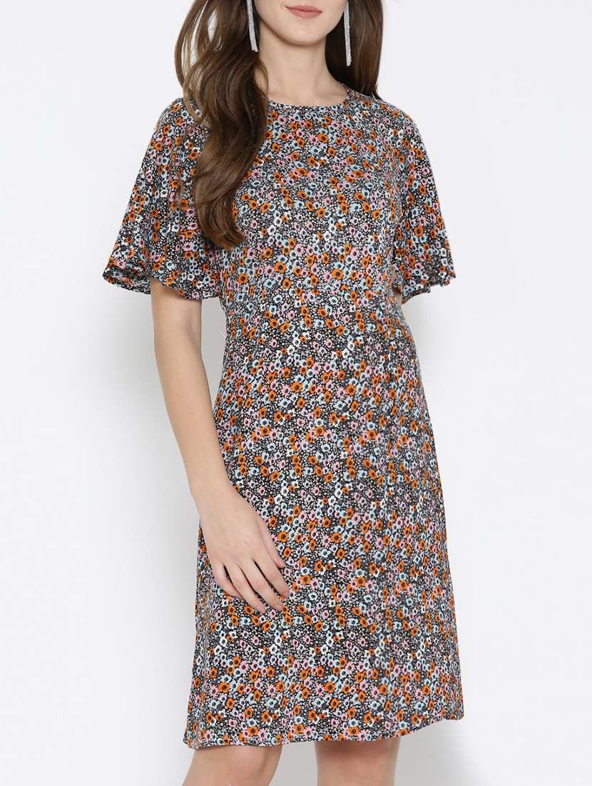 brown printed a-line dress