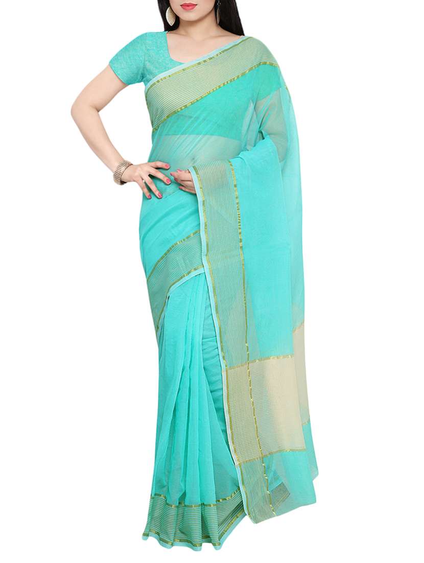 sky blue super net bordered saree with blouse