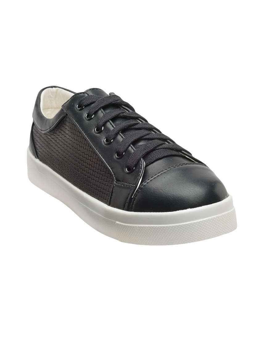 black faux leather laceup sneakers