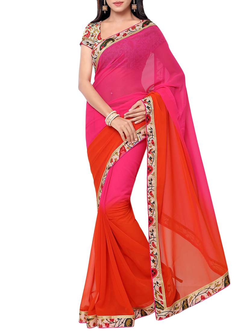 pink and red ombre faux georgette saree with blouse
