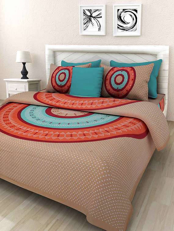 priyansh multicolor printed cotton double bed sheet with 2 pillow covers
