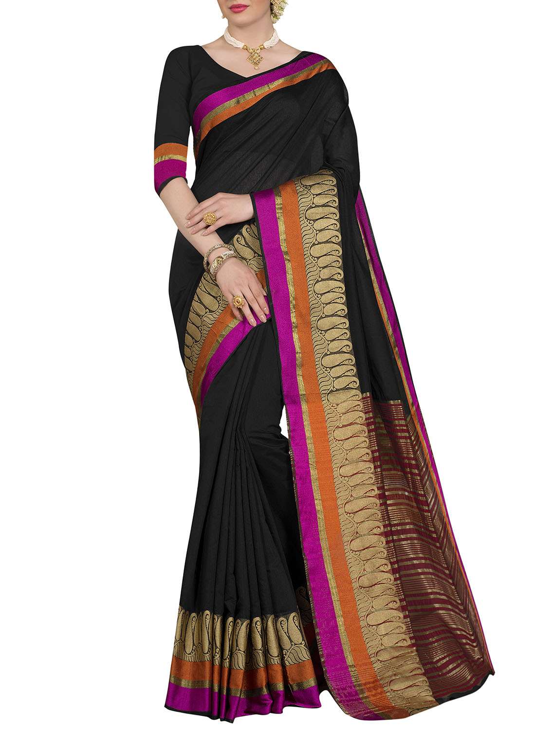 black chanderi bordered saree with blouse