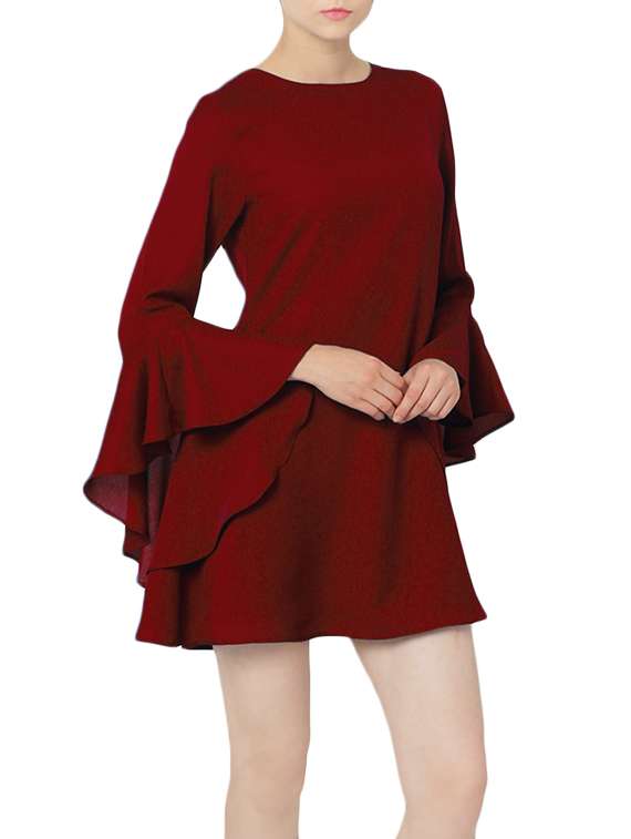 maroon flute sleeve a-line dress