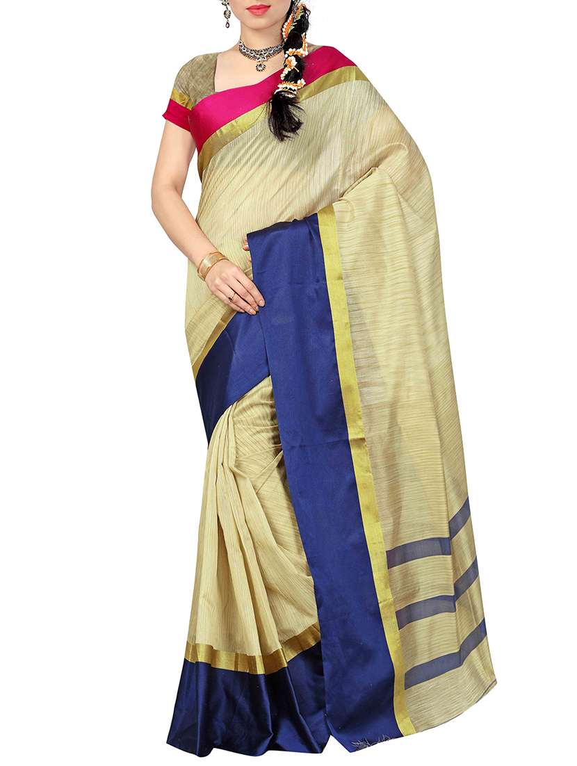 beige poly cotton bordered saree with blouse