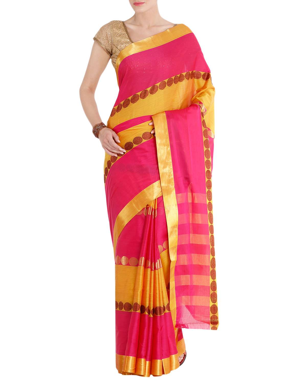 pink cotton half and half saree