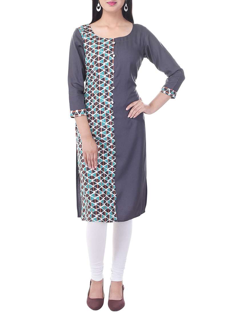grey rayon printed straight kurta