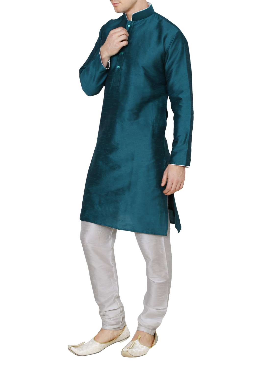 teal blue silk blend kurta pyjama set - 13882609 - Standard Image - 1