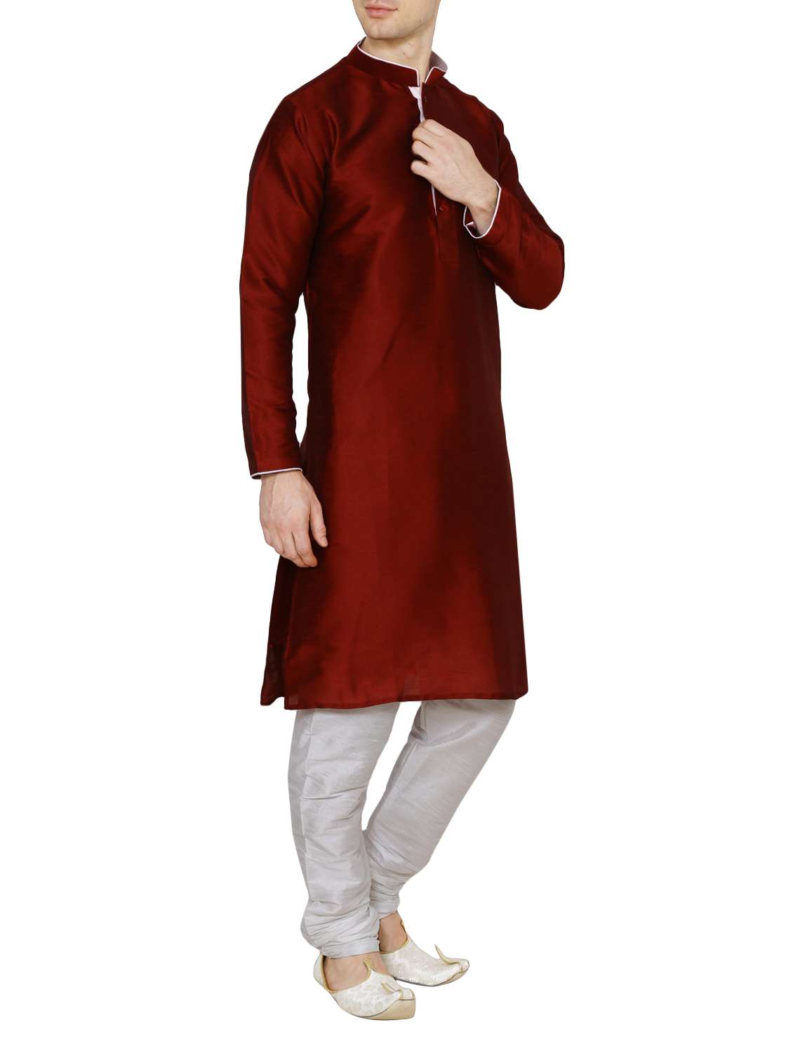solid maroon silk blend kurta pyjama set - 13882611 - Standard Image - 1