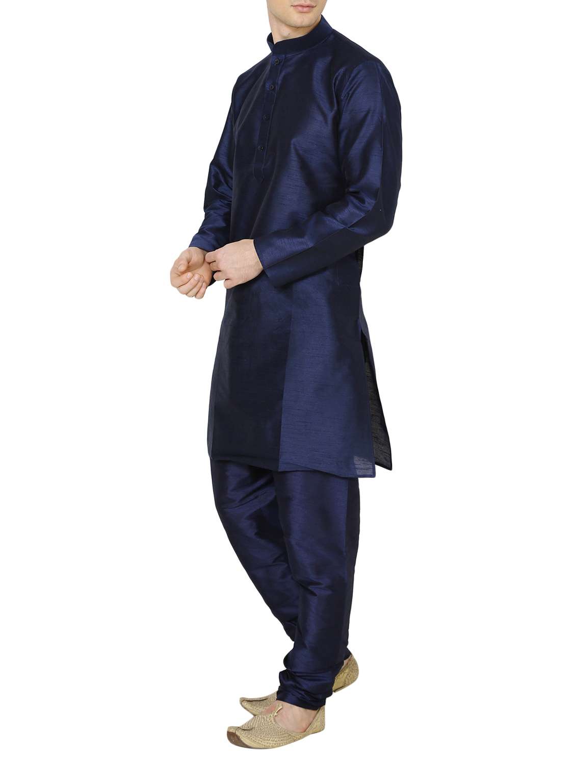 solid navy silk blend kurta pyjama set - 13882643 -  Standard Image - 1
