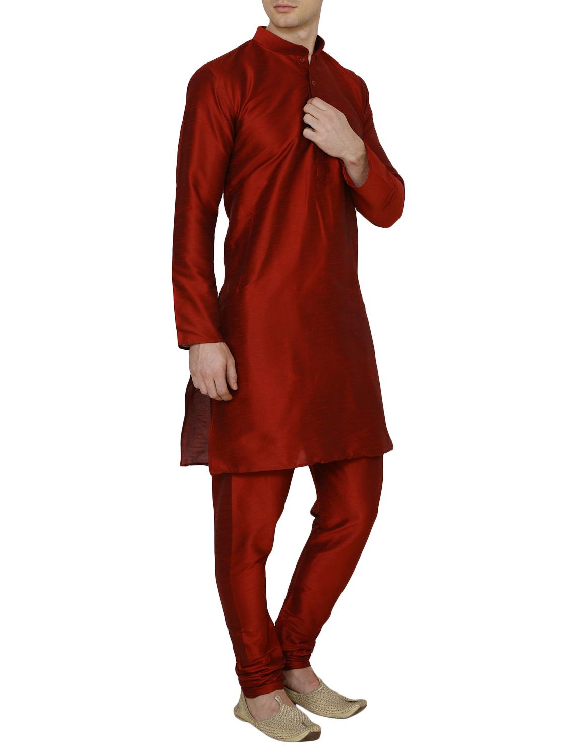 solid maroon silk blend kurta pyjama set - 13882651 - Standard Image - 1