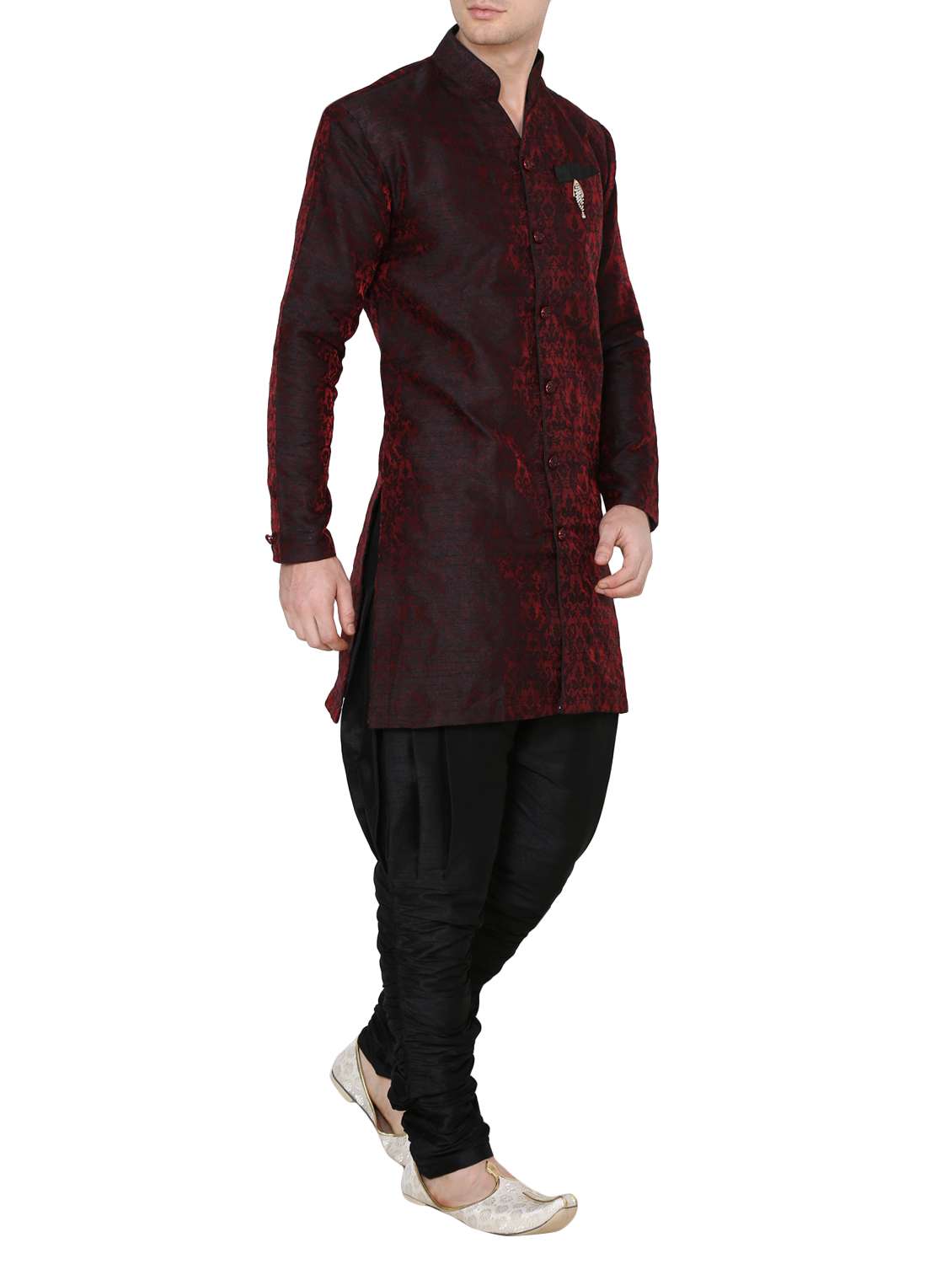 maroon silk blend jacquard kurta pyjama set - 13882654 - Standard Image - 1