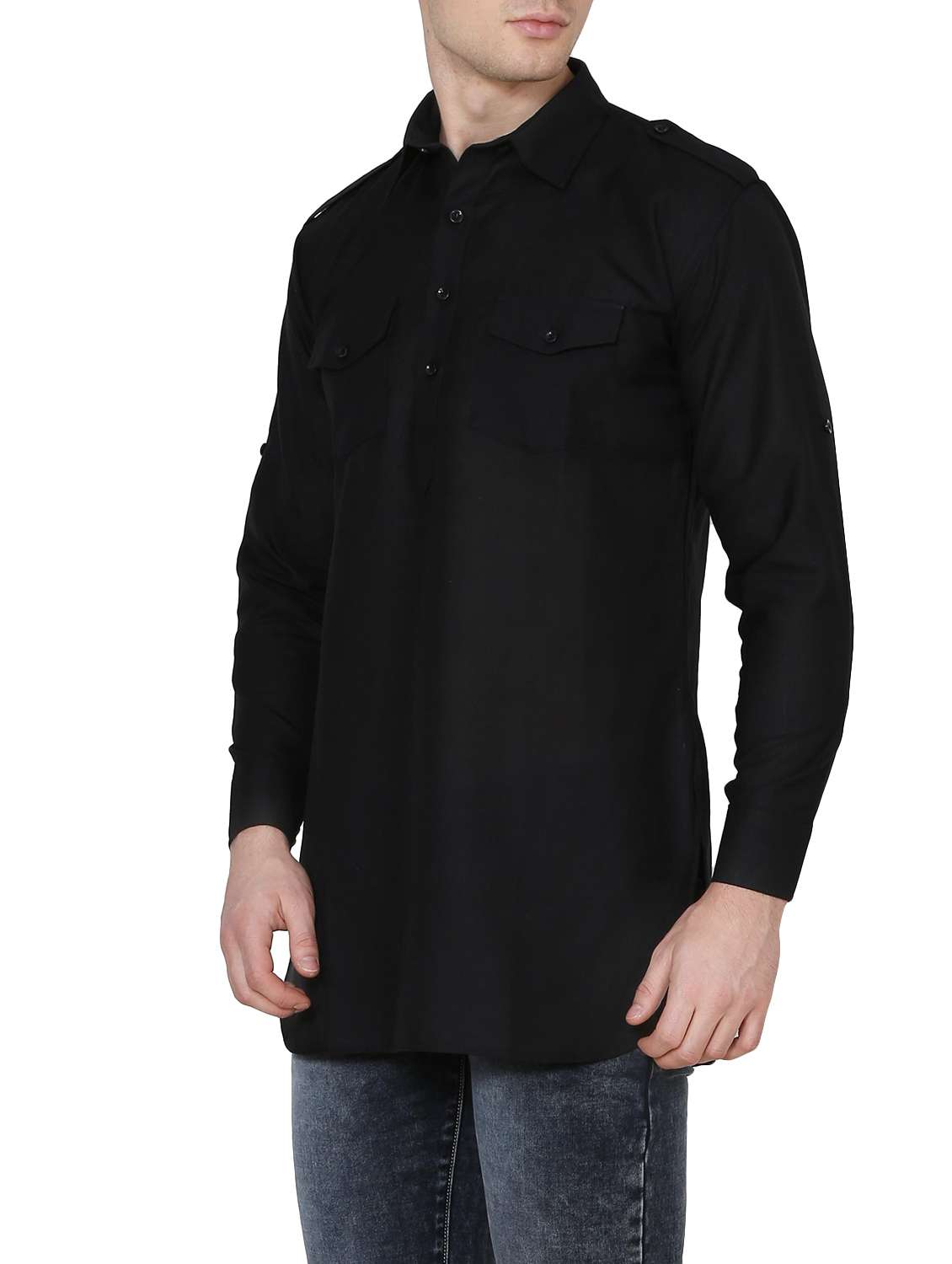 solid black cotton kurta - 13882661 - Standard Image - 1