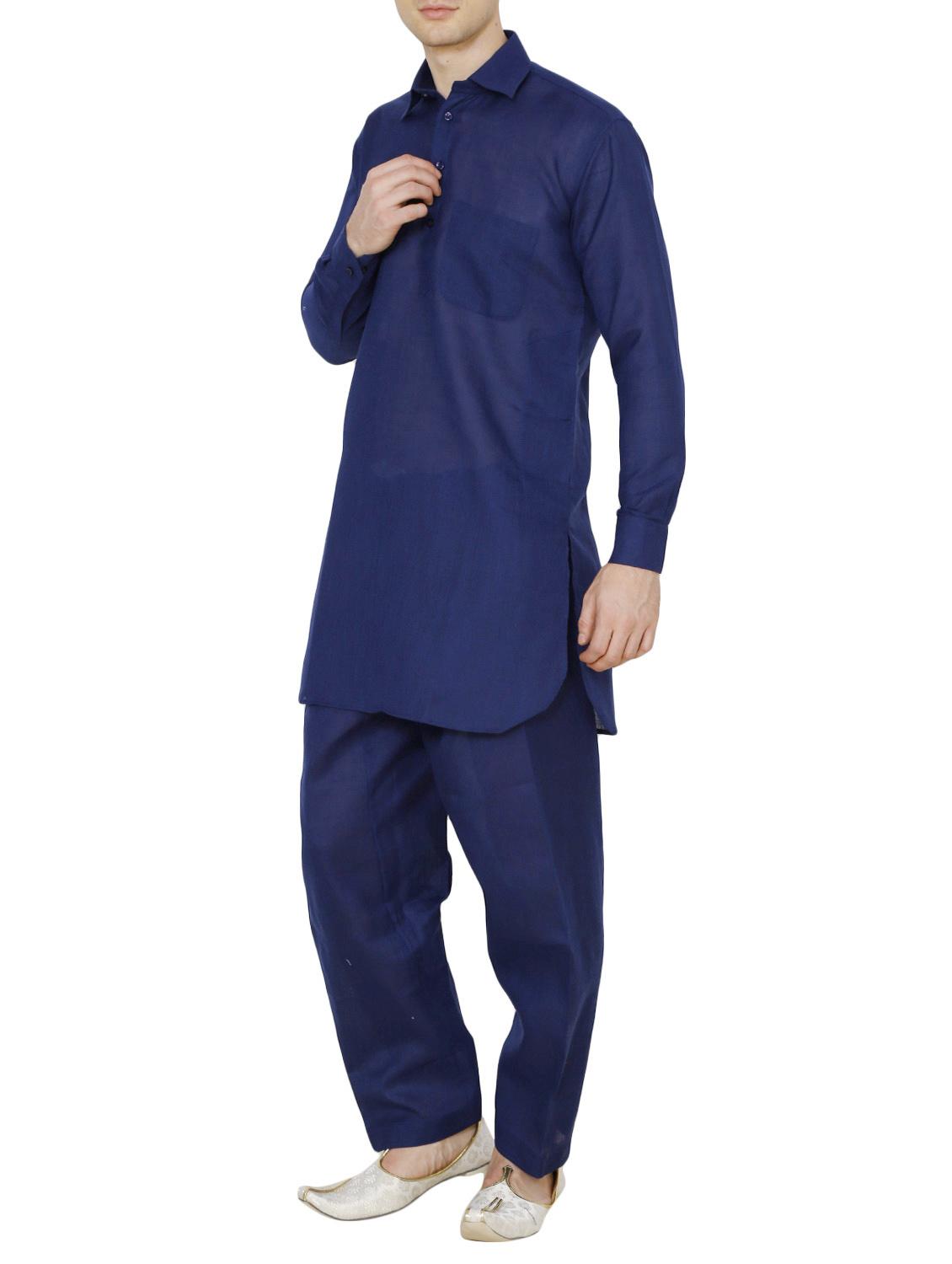 solid navy blue nylon kurta pyjama set - 13882668 - Standard Image - 1