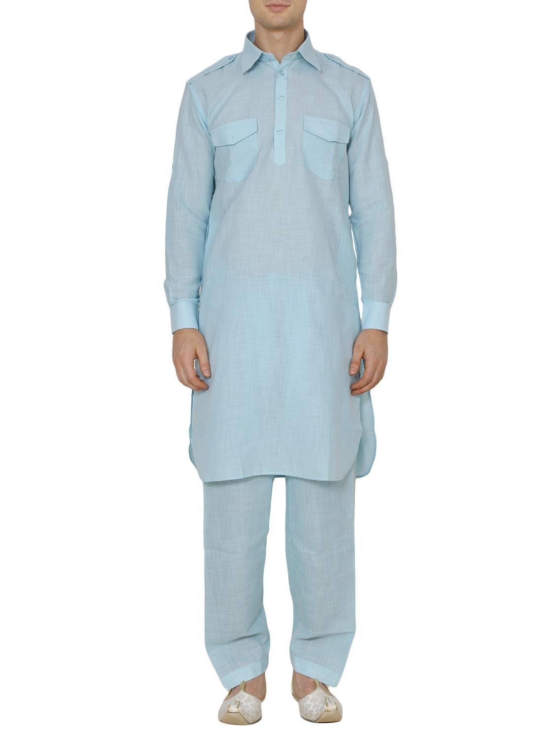 light blue cotton kurta pyjama set - 13882681 -  Zoom Image - 0