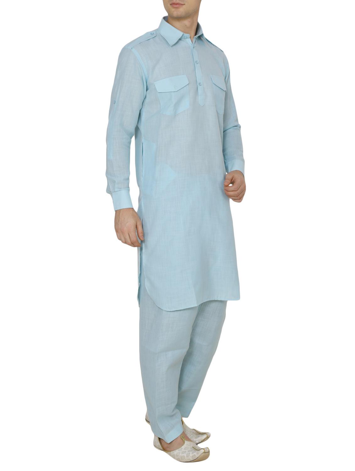 light blue cotton kurta pyjama set - 13882681 -  Standard Image - 1