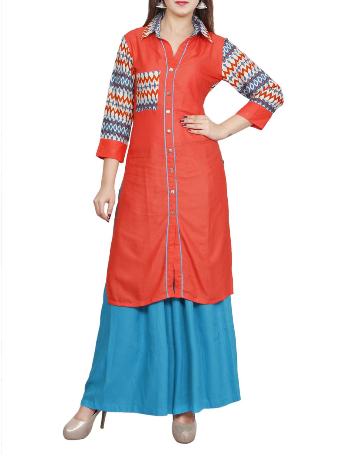orange rayon printed straight kurta