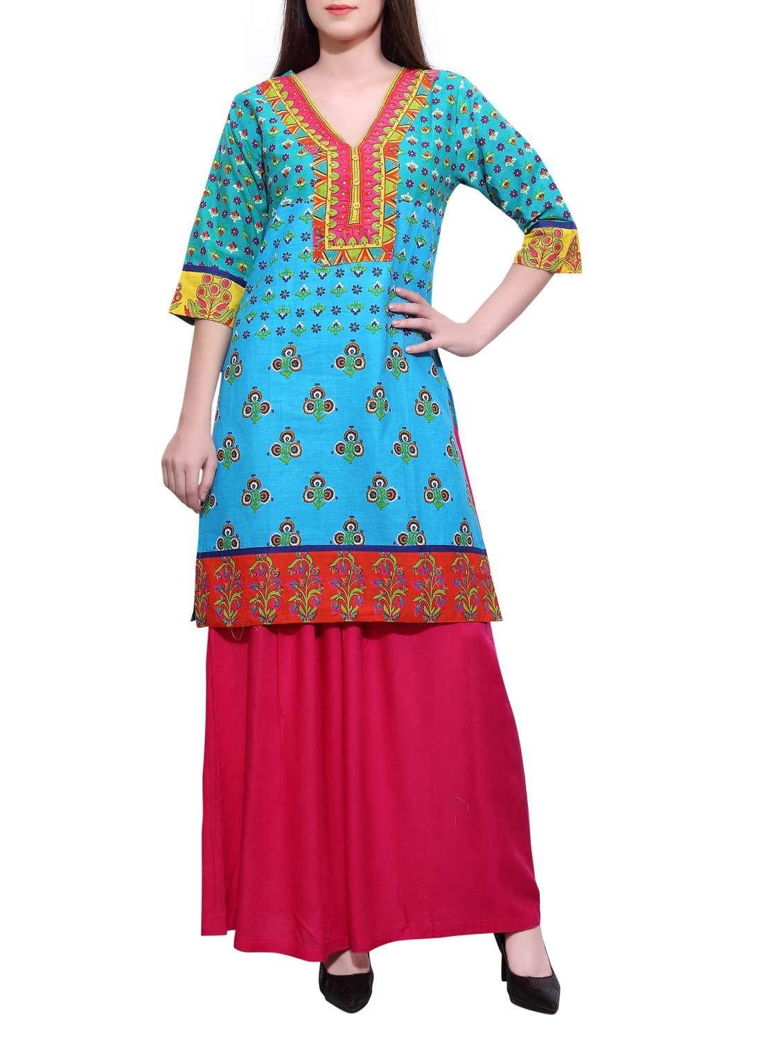 blue cotton printed straight kurta