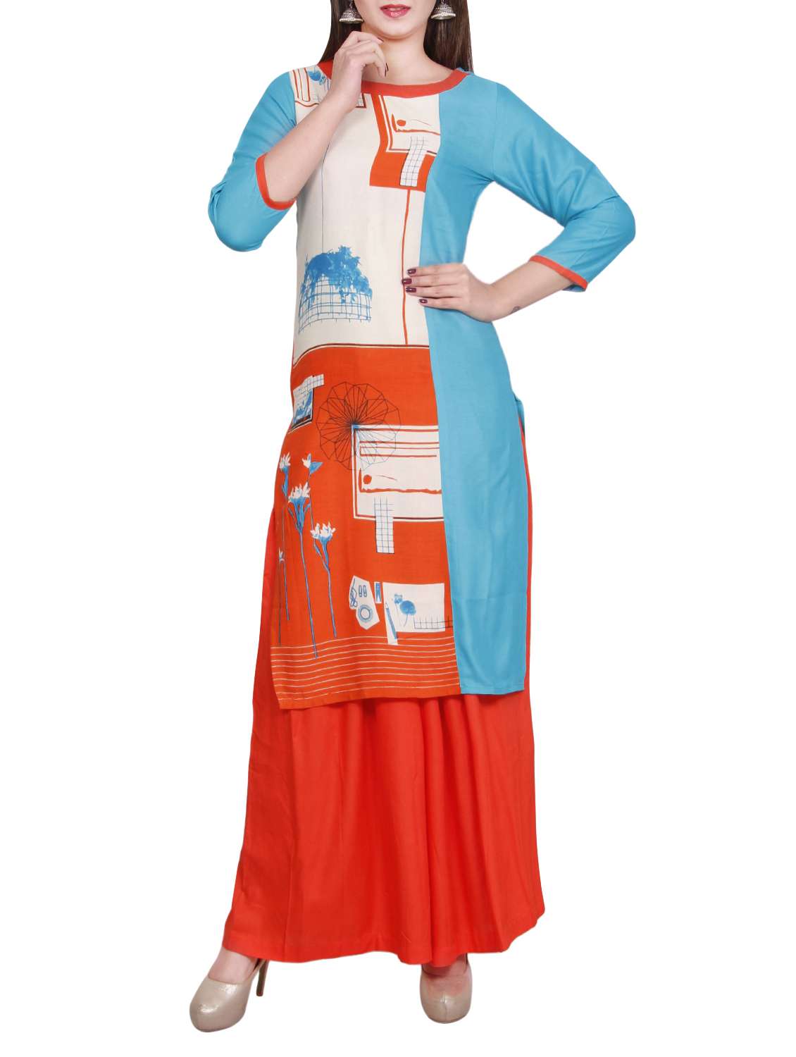 blue rayon printed straight kurta