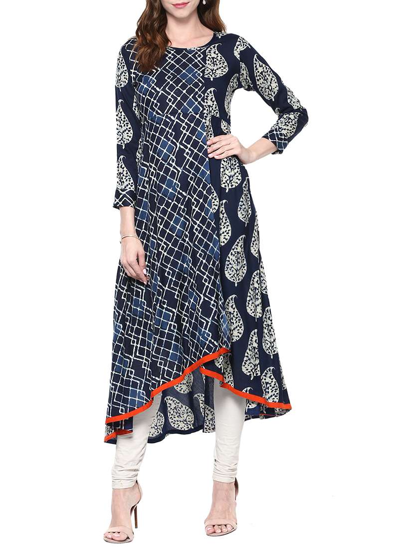 indigo rayon printed high-low kurta