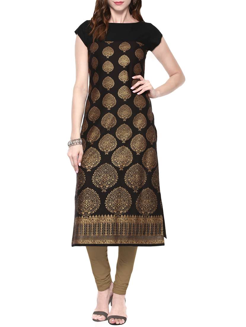 black cotton printed straight kurta