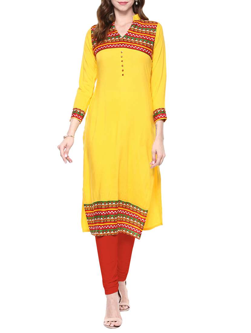 yellow rayon printed straight kurta