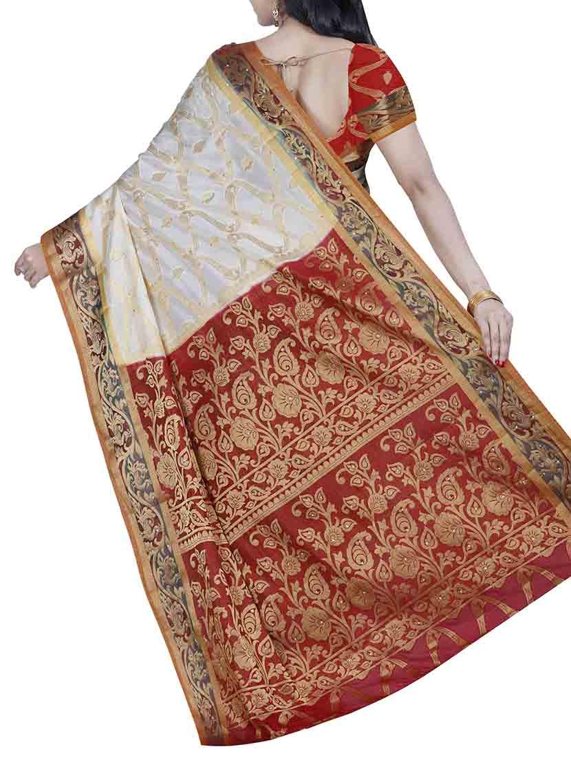 white and red kanjivaram silk saree with blouse - 13885503 - Standard Image - 1