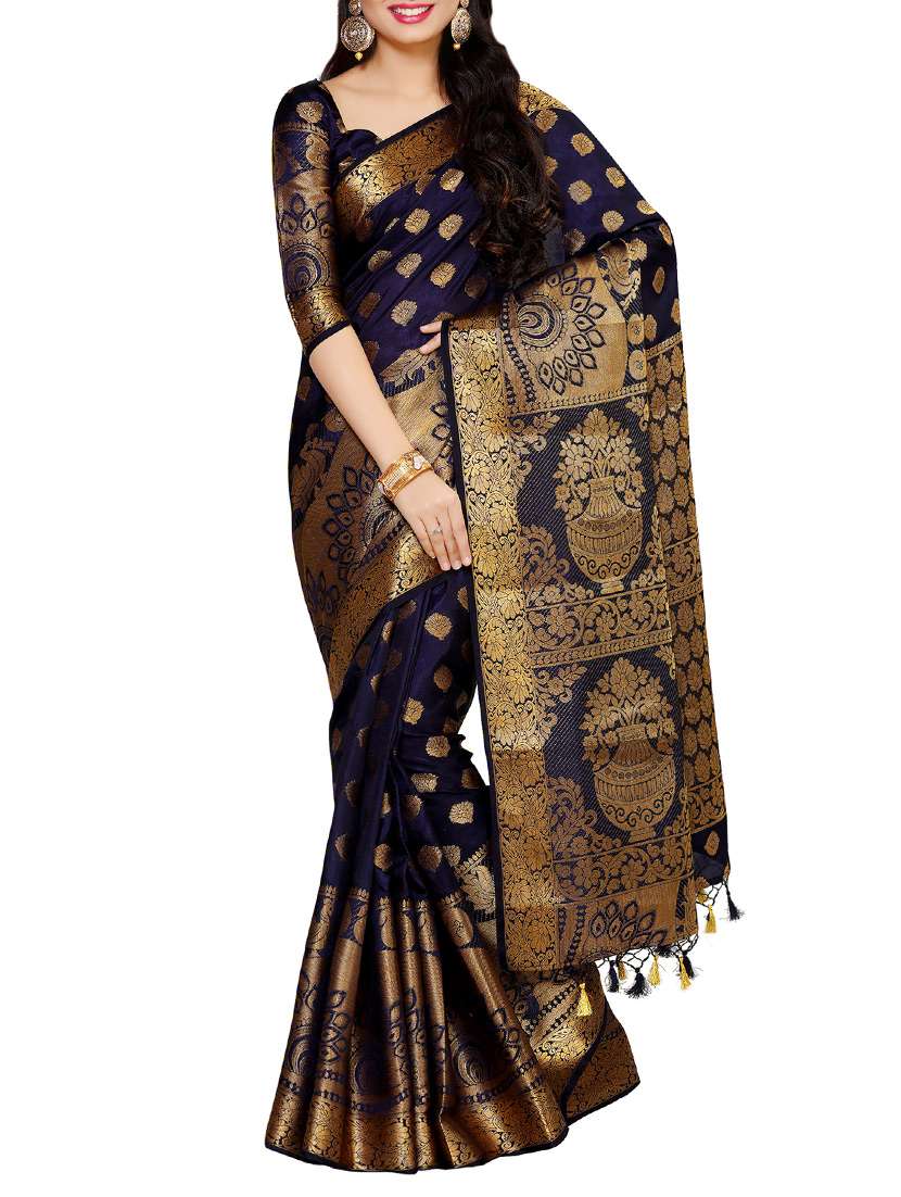 women's self design navy blue colored saree with blouse