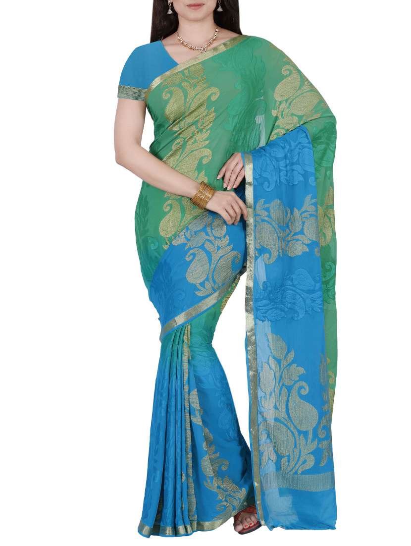 contrast shades paisley printed saree with blouse