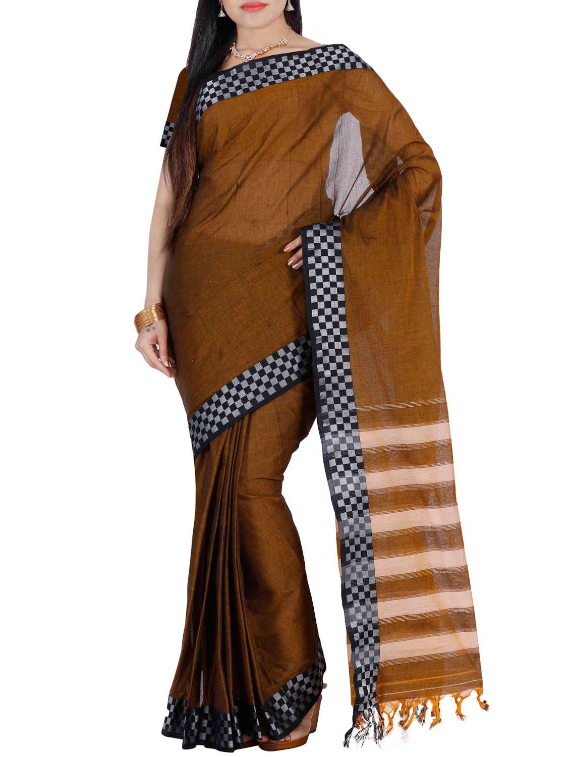 brown cotton bordered saree with blouse