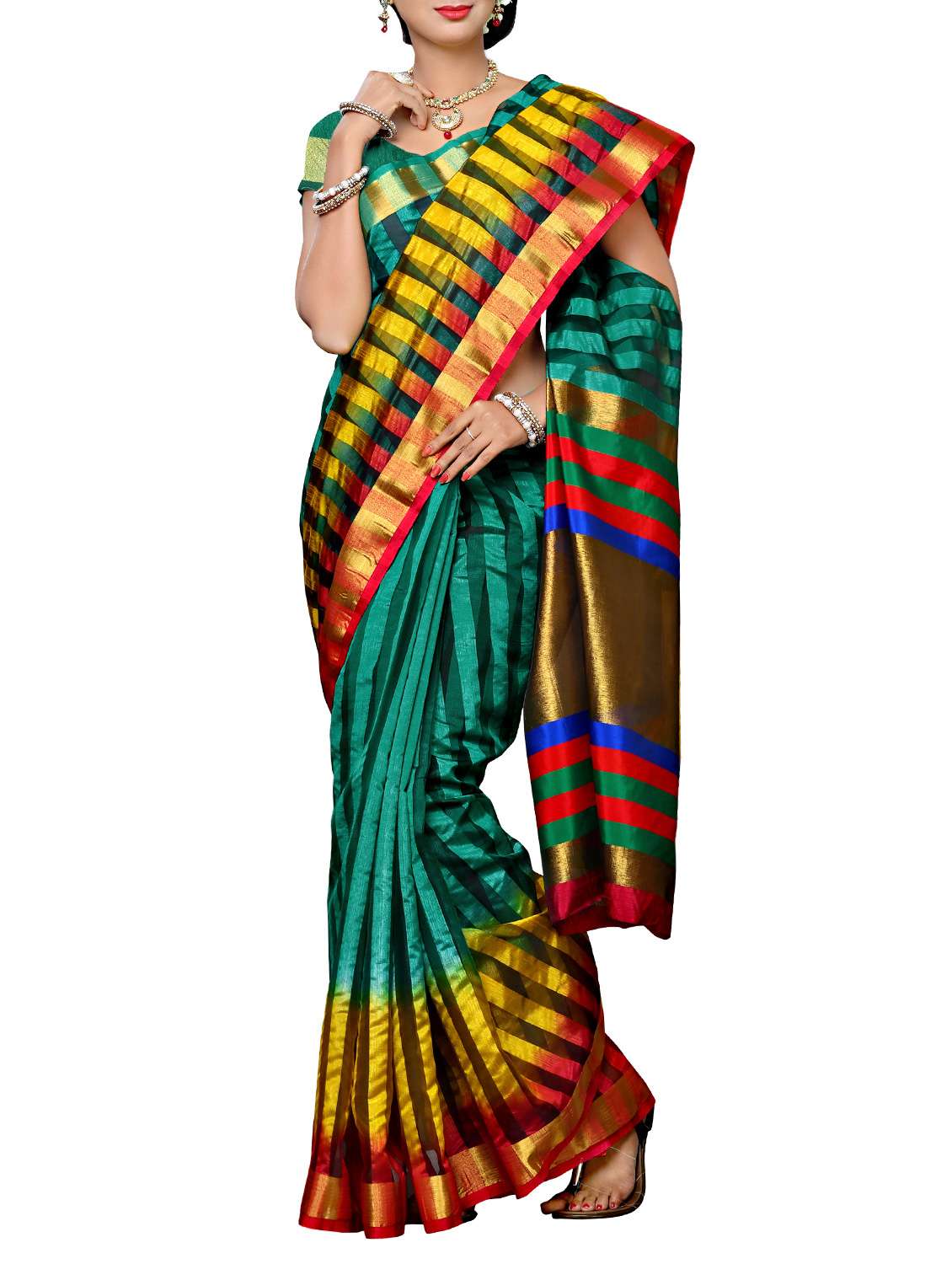 turquoise green raw silk woven saree with blouse