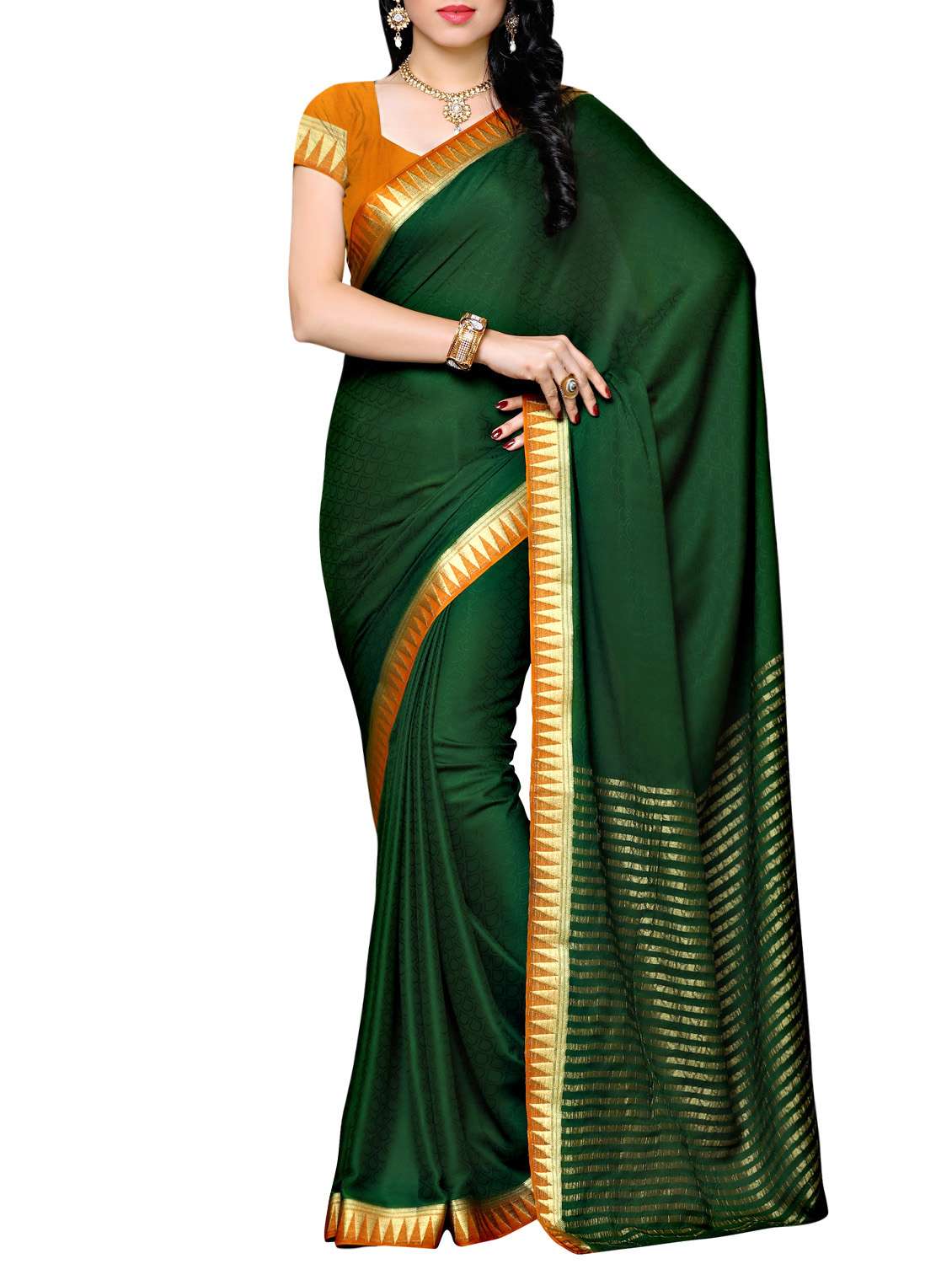 green crepe bordered saree with blouse