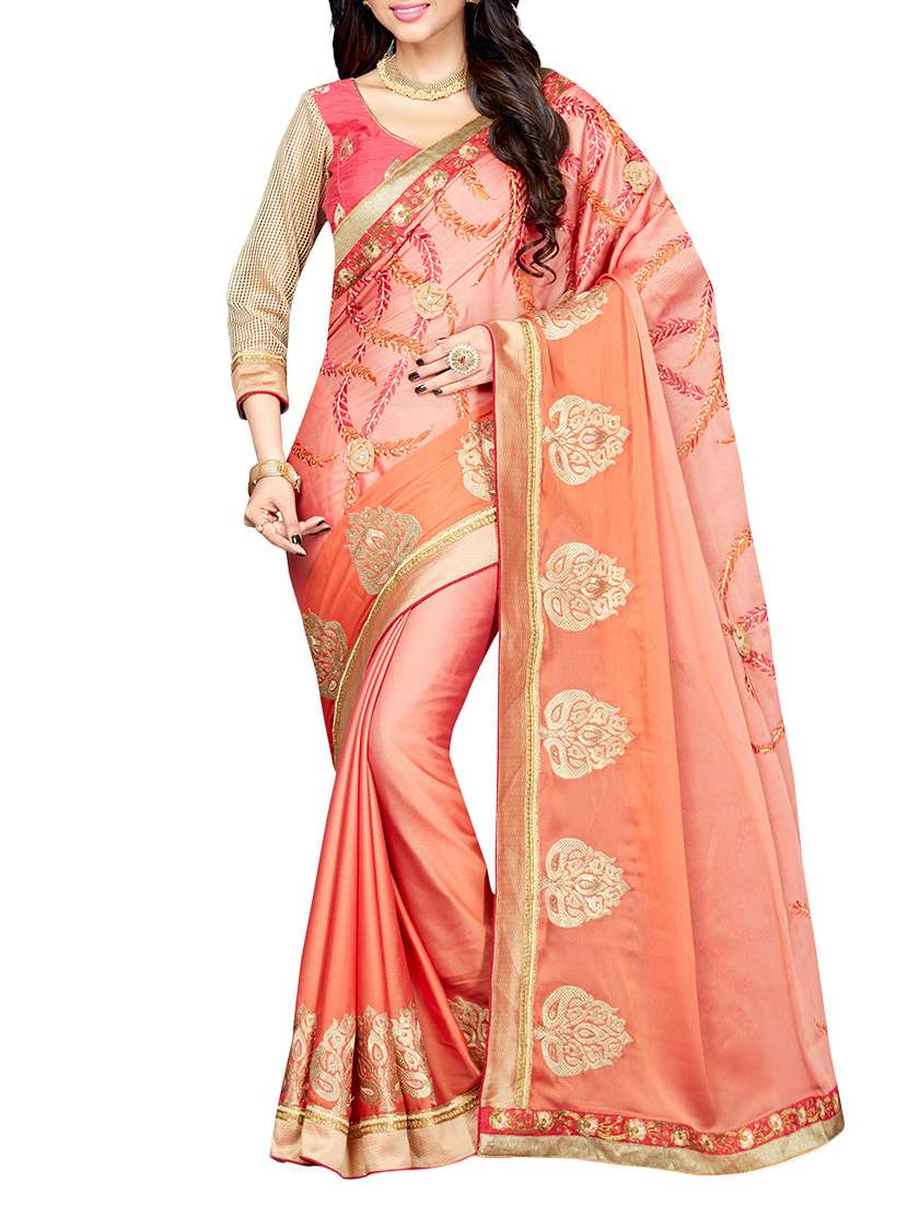 peach georgette embroidered saree with blouse