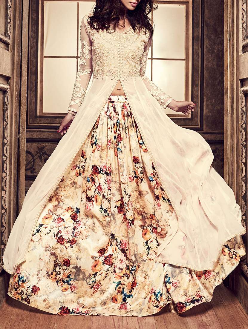 cream semi-stitched skirt suit