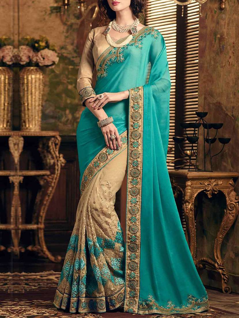 sky blue & beige synthetic half & half saree with blouse