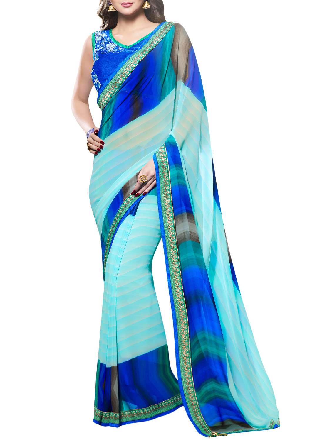 blue georgette printed saree with blouse