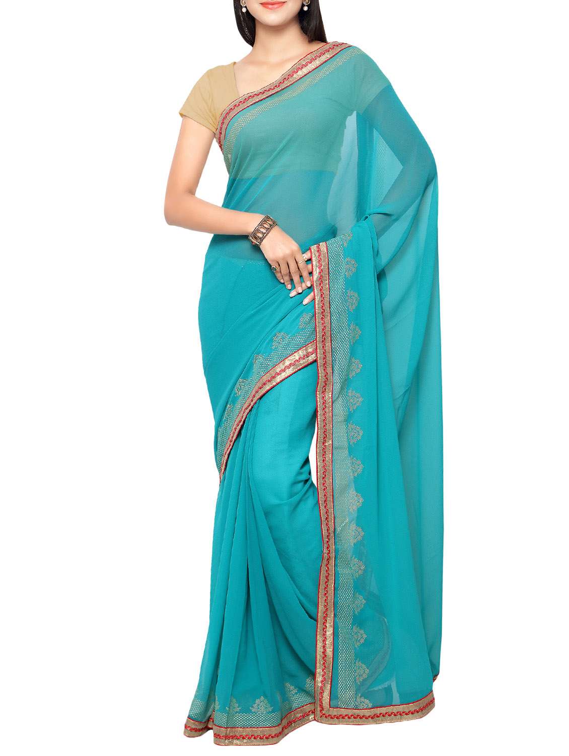 turquoise chiffon bordered saree with blouse