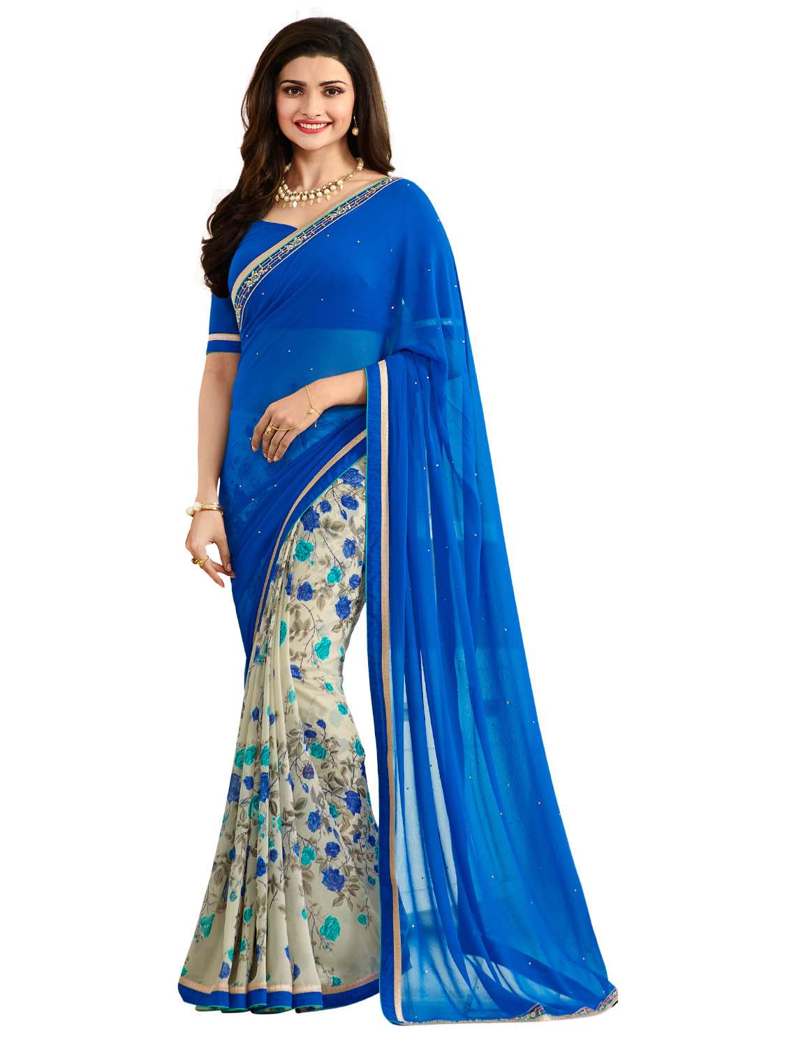 blue georgette half and half saree with blouse
