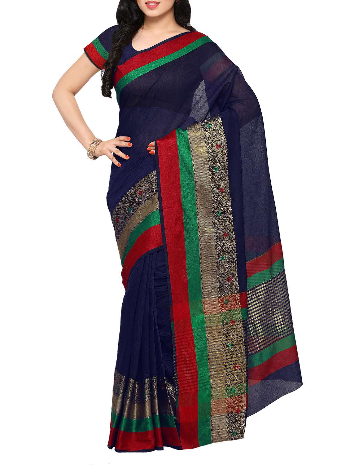 blue cotton bordered saree with blouse