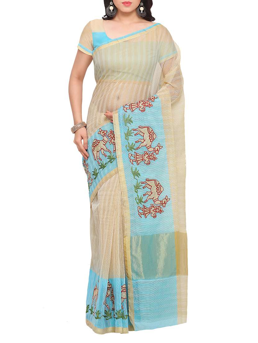 beige cotton woven saree with blouse