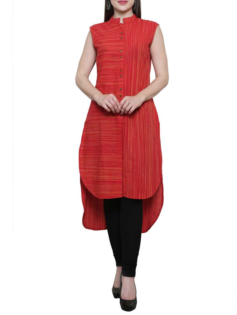 red cotton printed high-low kurta